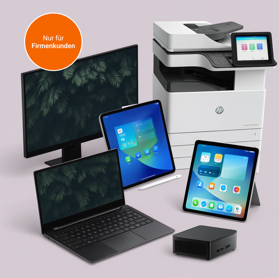 Nur für Firmenkunden: Monitor, Laptop, iPads, HP-Drucker und Mini-PC